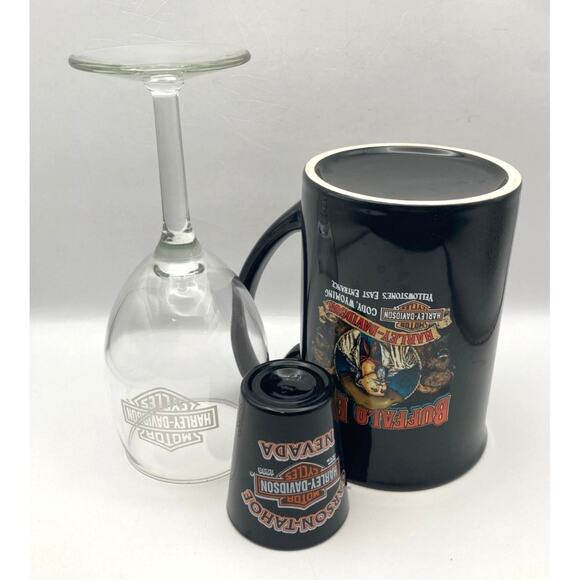 Harley Davidson Logo Combo with Shot Glass Coffee Mug and Wine Glass - Picture 2 of 7
